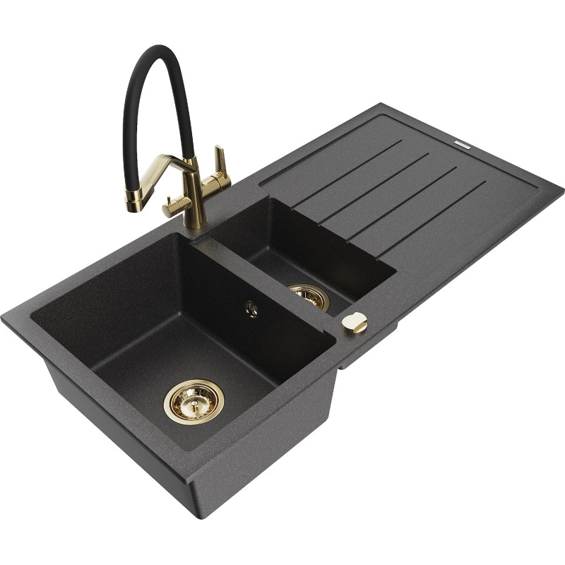 Mexen Andres 1.5-bowl granite sink with drainer and Duo kitchen faucet, black speckled - 6515-76-671701-57-G