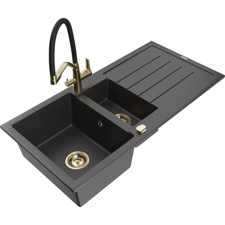 Mexen Andres granite kitchen sink 1.5-bowl with drainer and Duo kitchen faucet, black speckled - 6515-76-671701-57-G