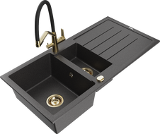 Mexen Andres 1.5-bowl granite sink with drainer and Duo kitchen faucet, black speckled - 6515-76-671701-57-G