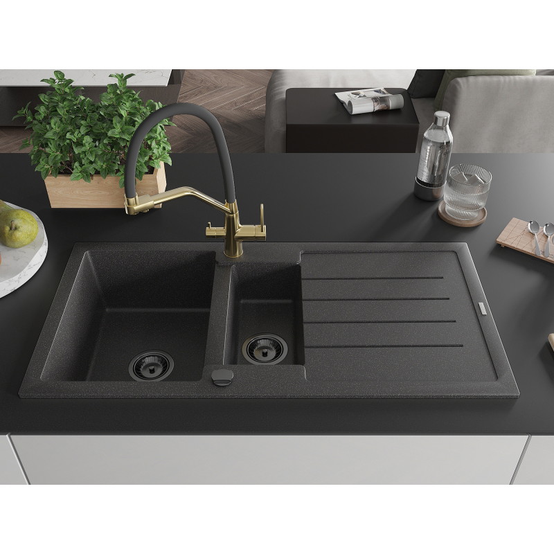 Mexen Andres granite sink 1.5-bowl with draining board and Duo kitchen faucet, speckled black - 6515-76-671701-57-B