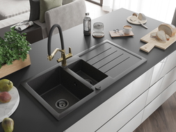 Mexen Andres 1.5-compartment granite sink with a drip tray and kitchen mixer tap Duo, Spotted black - 6515-76-671701-57-B
