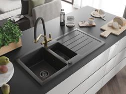 Mexen Andres granite sink 1.5-bowl with draining board and Duo kitchen faucet, speckled black - 6515-76-671701-57-B