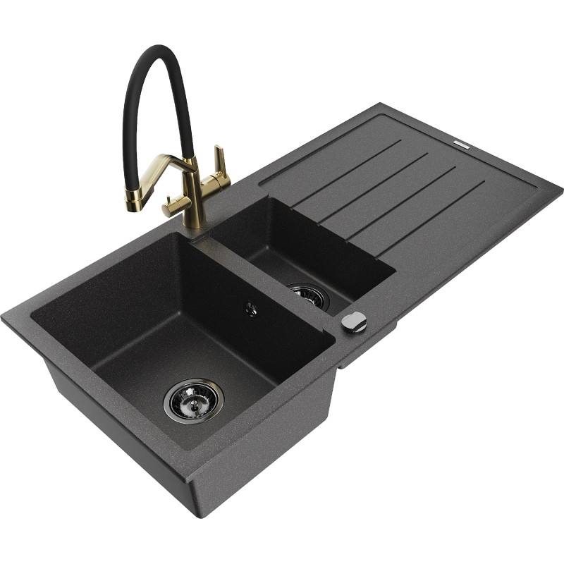 Mexen Andres granite sink 1.5-bowl with draining board and Duo kitchen faucet, speckled black - 6515-76-671701-57-B