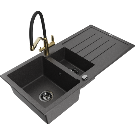 Mexen Andres granite sink 1.5-bowl with draining board and Duo kitchen faucet, speckled black - 6515-76-671701-57-B