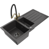 Mexen Andres granite sink 1.5-bowl with draining board and Duo kitchen faucet, speckled black - 6515-76-671701-57-B