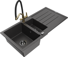 Mexen Andres granite sink 1.5-bowl with draining board and Duo kitchen faucet, speckled black - 6515-76-671701-57-B