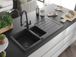 Mexen Andres 1.5-bowl granite kitchen sink with drainer and Duo kitchen faucet, black speckled - 6515-76-671701-70-B