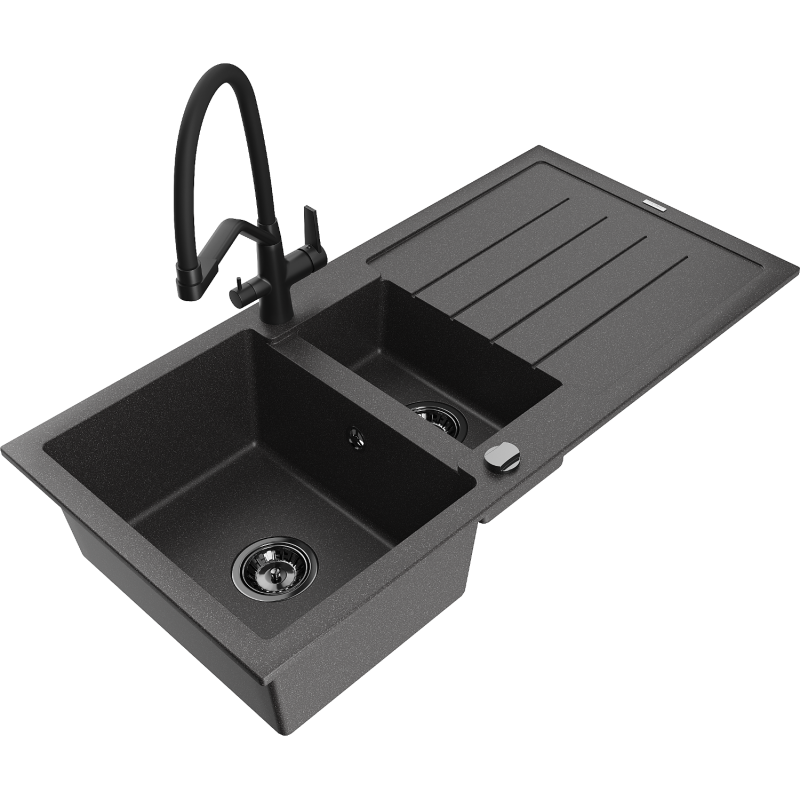 Mexen Andres granite sink 1.5-bowl with drainer and kitchen mixer Duo, black speckled - 6515-76-671701-70-B