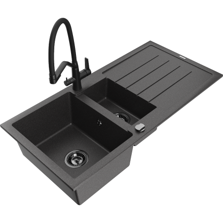 Mexen Andres 1.5-bowl granite kitchen sink with drainer and Duo kitchen faucet, black speckled - 6515-76-671701-70-B