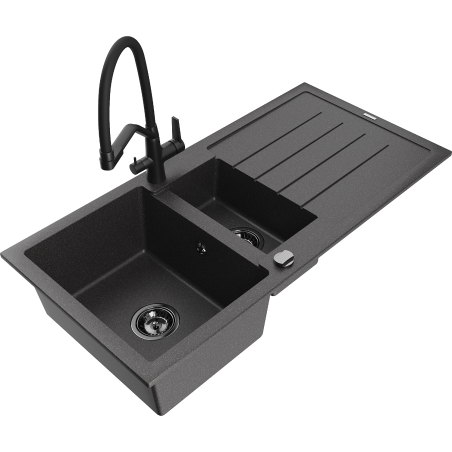 Mexen Andres granite sink 1.5-bowl with drainer and kitchen mixer Duo, black speckled - 6515-76-671701-70-B