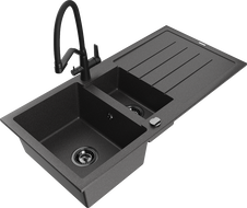 Mexen Andres granite sink 1.5-bowl with drainer and Duo kitchen faucet, black speckled - 6515-76-671701-70-B