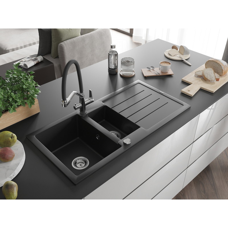 Mexen Andres granite sink 1.5-bowl with drainer and Duo kitchen faucet, black - 6515-77-671701-07