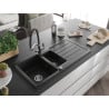 Mexen Andres 1.5-compartment granite sink with a drip tray and kitchen mixer tap Duo, Black - 6515-77-671701-07