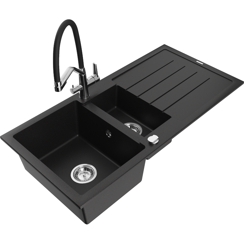 Mexen Andres 1.5-compartment granite sink with a drip tray and kitchen mixer tap Duo, Black - 6515-77-671701-07