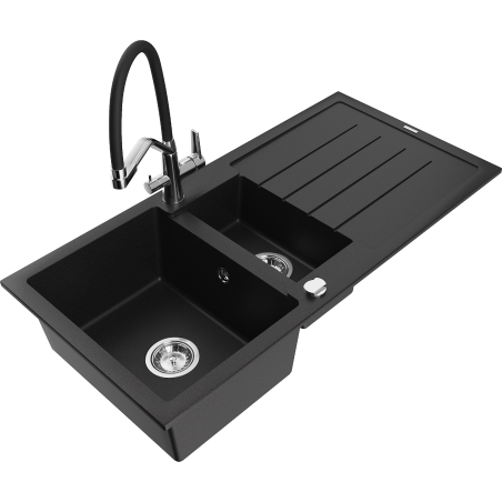 Mexen Andres 1.5-compartment granite sink with a drip tray and kitchen mixer tap Duo, Black - 6515-77-671701-07