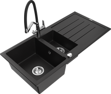 Mexen Andres 1.5-compartment granite sink with a drip tray and kitchen mixer tap Duo, Black - 6515-77-671701-07