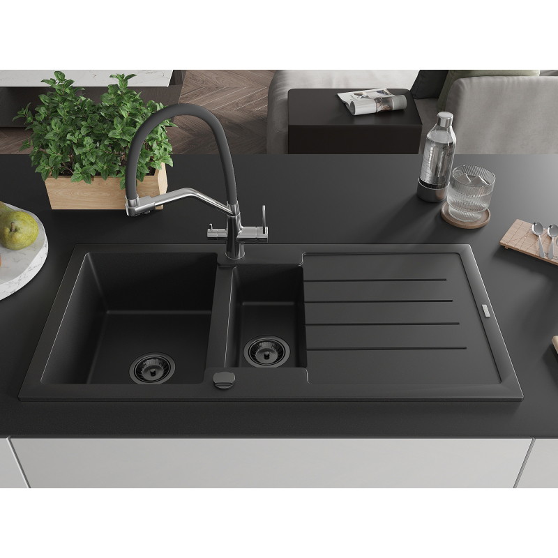 Mexen Andres granite kitchen sink 1.5-bowl with drainer and Duo kitchen faucet, black - 6515-77-671701-07-B