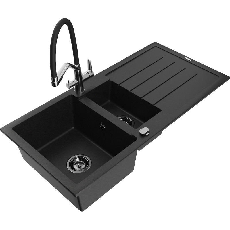 Mexen Andres granite sink 1.5-bowl with drainer and Duo kitchen faucet, black - 6515-77-671701-07-B