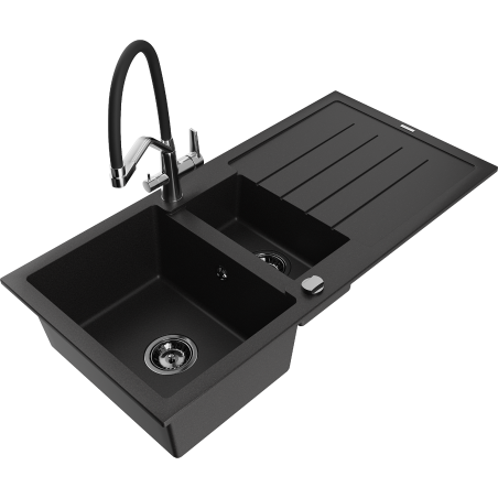 Mexen Andres granite kitchen sink 1.5-bowl with drainer and Duo kitchen faucet, black - 6515-77-671701-07-B