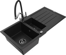 Mexen Andres granite kitchen sink 1.5-bowl with drainer and Duo kitchen faucet, black - 6515-77-671701-07-B