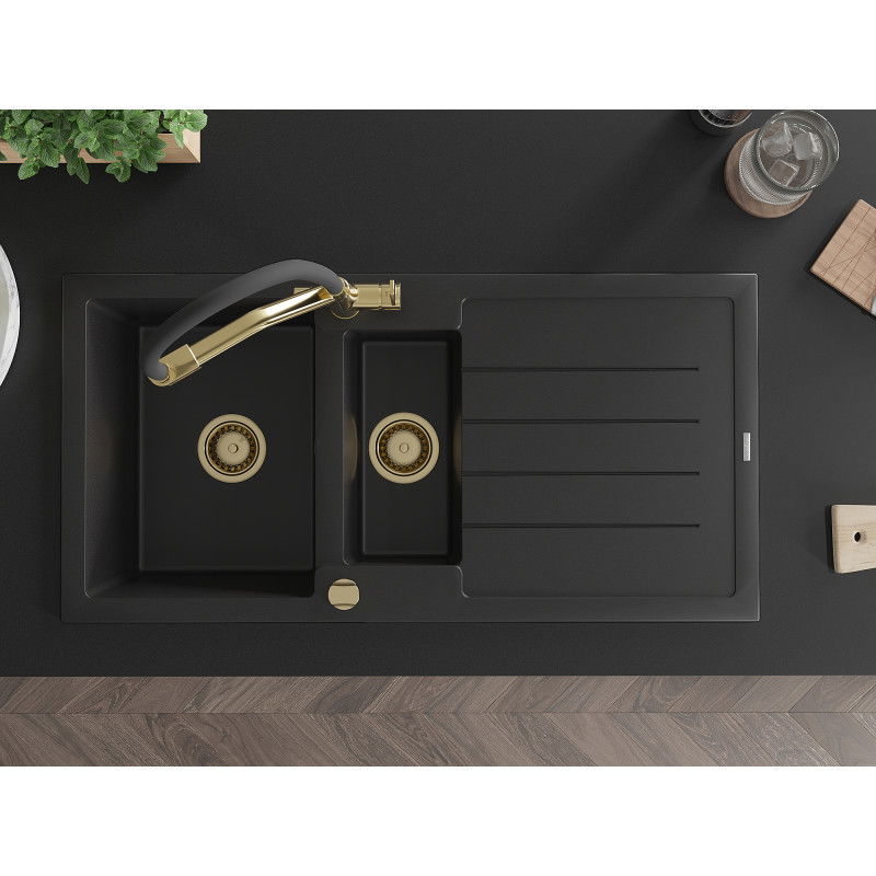 Mexen Andres 1.5-bowl granite sink with drainer and Duo kitchen tap, black - 6515-77-671701-57-G