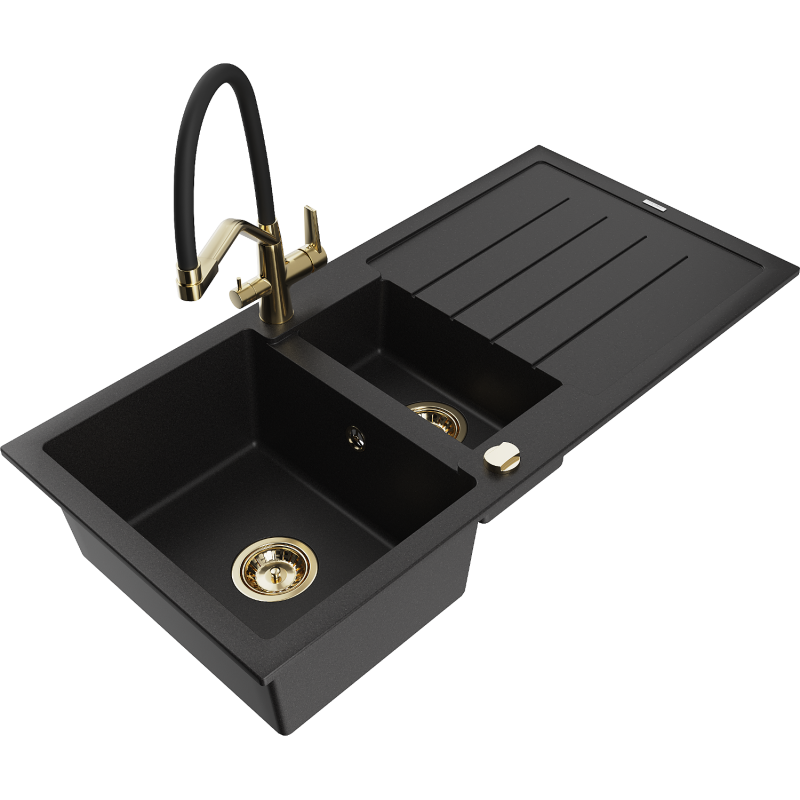 Mexen Andres 1.5-bowl granite sink with drainer and Duo kitchen tap, black - 6515-77-671701-57-G