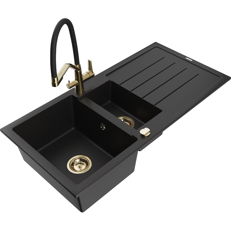 Mexen Andres 1.5-compartment granite sink with a drip tray and kitchen mixer tap Duo, Black - 6515-77-671701-57-G