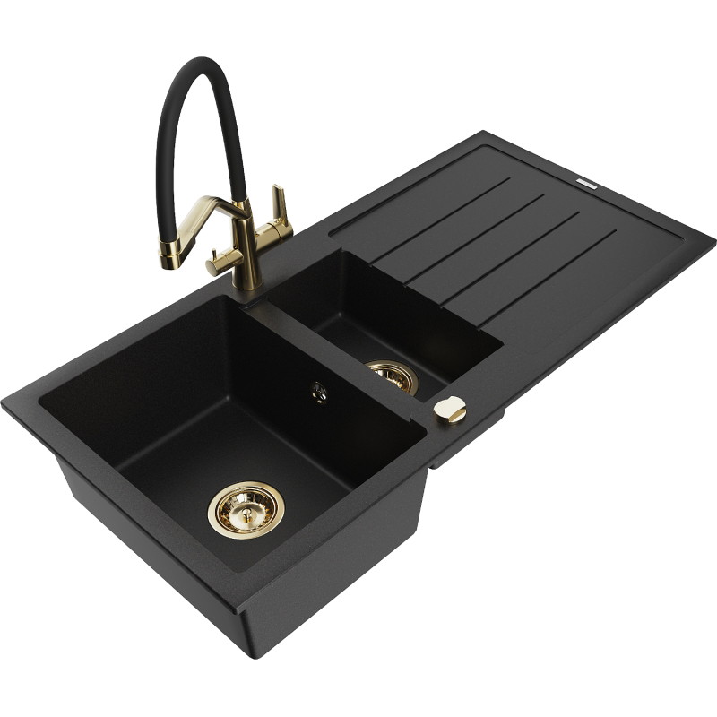 Mexen Andres granite sink 1.5-bowl with drainer and kitchen faucet Duo, black - 6515-77-671701-57-G