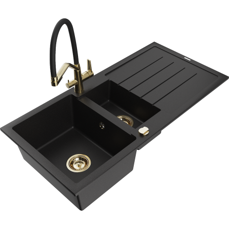 Mexen Andres 1.5-compartment granite sink with a drip tray and kitchen mixer tap Duo, Black - 6515-77-671701-57-G