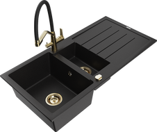 Mexen Andres 1.5-compartment granite sink with a drip tray and kitchen mixer tap Duo, Black - 6515-77-671701-57-G