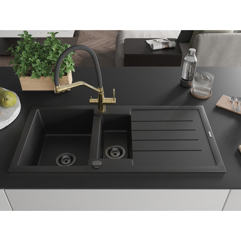 Mexen Andres granite sink 1.5-bowl with drainer and Duo kitchen faucet, black - 6515-77-671701-57-B