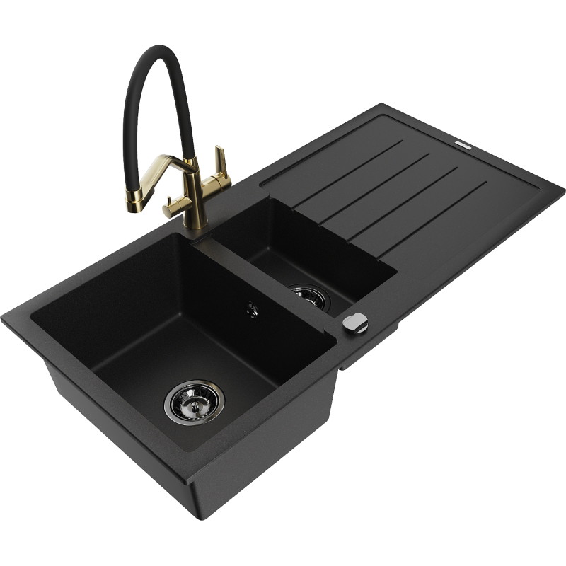 Mexen Andres granite sink 1.5-bowl with drainer and Duo kitchen faucet, black - 6515-77-671701-57-B