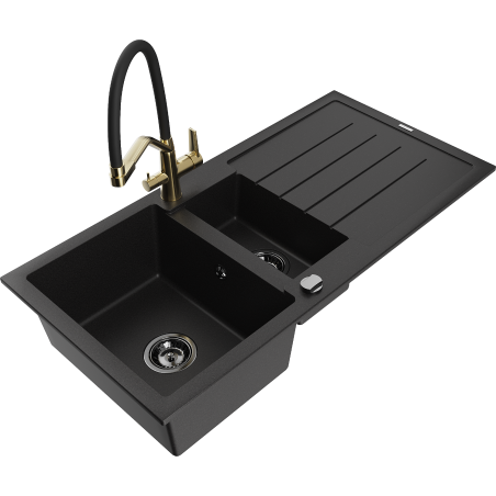 Mexen Andres granite sink 1.5-bowl with drainer and Duo kitchen faucet, black - 6515-77-671701-57-B