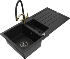Mexen Andres 1.5-compartment granite sink with a drip tray and kitchen mixer tap Duo, Black - 6515-77-671701-57-B