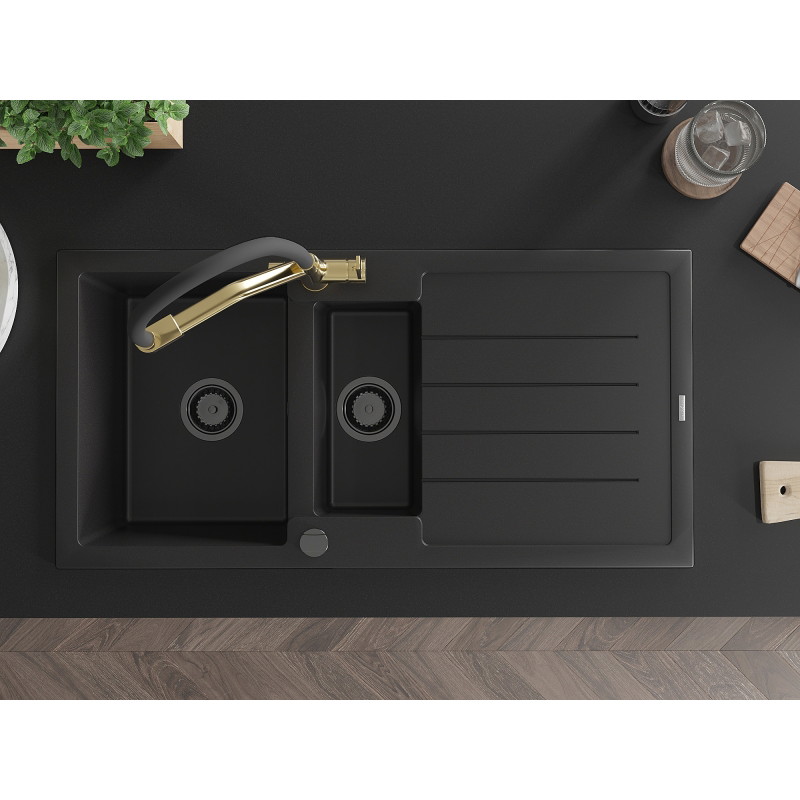 Mexen Andres granite sink 1.5-bowl with drainer and Duo kitchen faucet, black - 6515-77-671701-57-B
