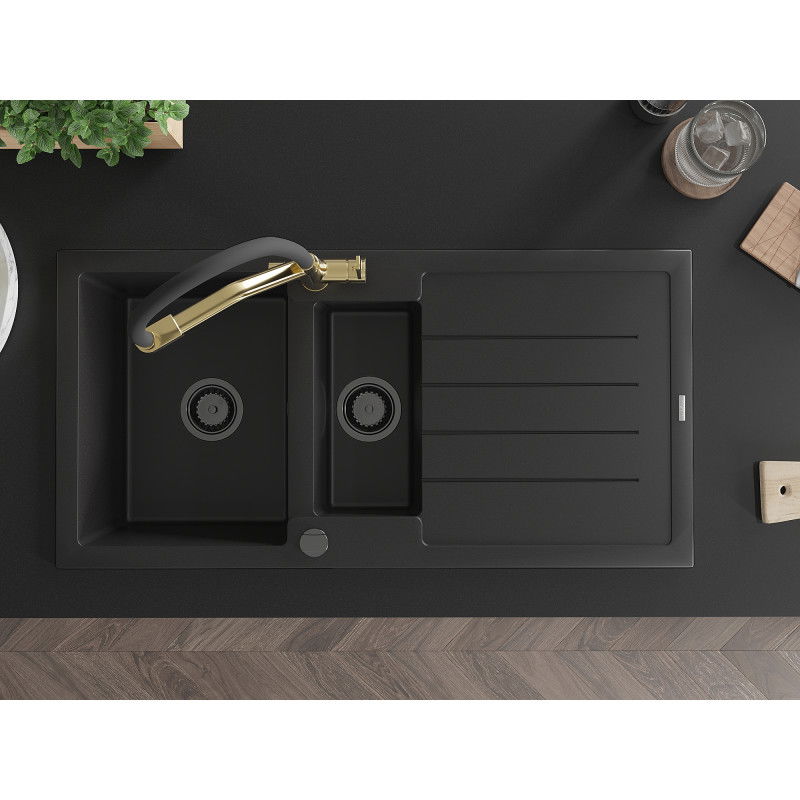 Mexen Andres granite sink 1.5-bowl with drainer and Duo kitchen tap, black - 6515-77-671701-57-B