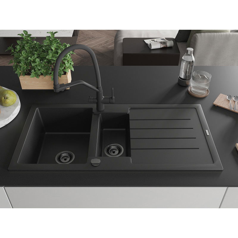 Mexen Andres granite sink 1.5-bowl with drainer and kitchen tap Duo, black - 6515-77-671701-70-B