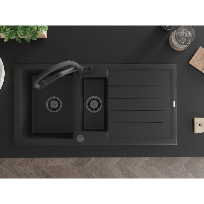 Mexen Andres granite sink 1.5-bowl with a drainer and Duo kitchen faucet, black - 6515-77-671701-70-B