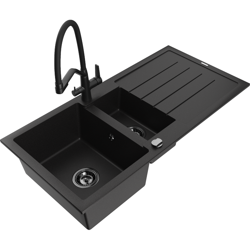 Mexen Andres 1.5-compartment granite sink with a drip tray and kitchen mixer tap Duo, Black - 6515-77-671701-70-B