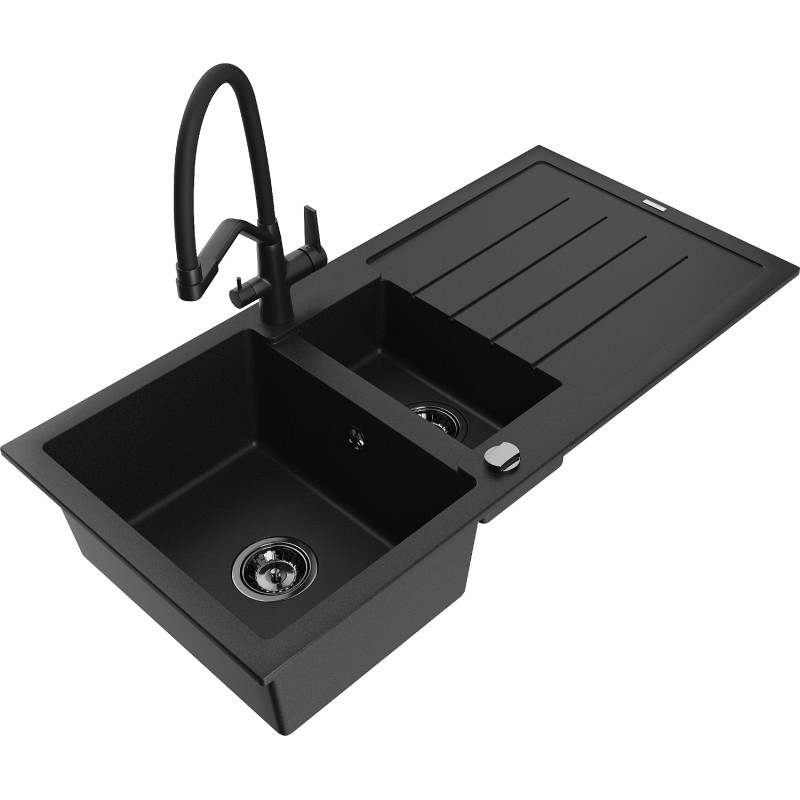 Mexen Andres granite sink 1.5-bowl with a drainer and Duo kitchen faucet, black - 6515-77-671701-70-B
