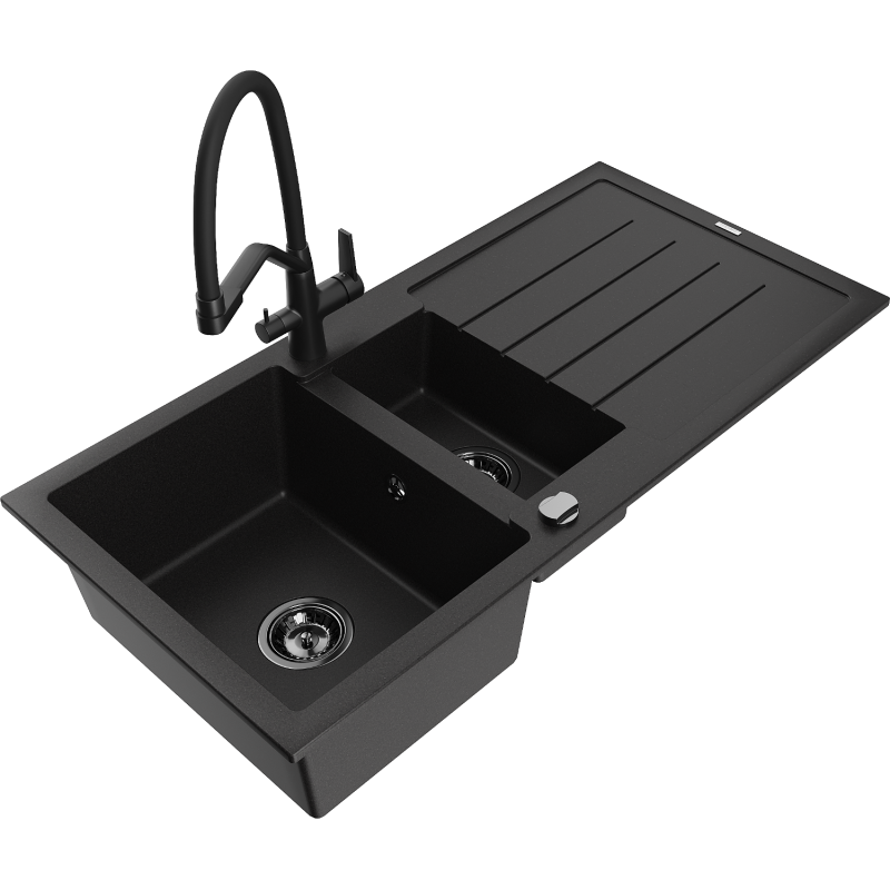 Mexen Andres granite sink 1.5-bowl with drainer and kitchen tap Duo, black - 6515-77-671701-70-B
