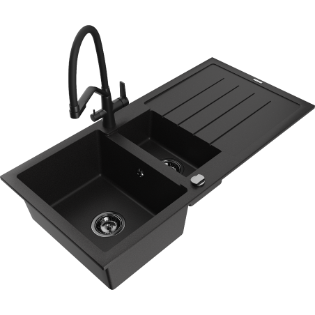 Mexen Andres 1.5-bowl granite sink with drainer and Duo kitchen faucet, black - 6515-77-671701-70-B