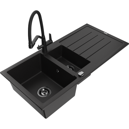 Mexen Andres granite sink 1.5-bowl with drainer and kitchen tap Duo, black - 6515-77-671701-70-B