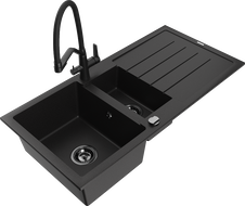 Mexen Andres 1.5-compartment granite sink with a drip tray and kitchen mixer tap Duo, Black - 6515-77-671701-70-B