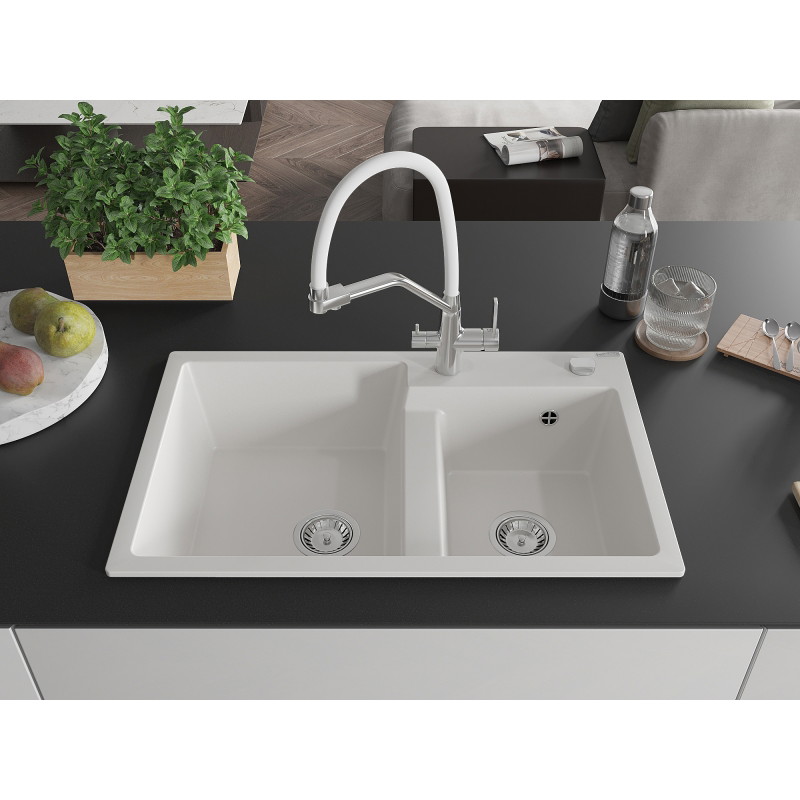 Mexen Tomas 2-chamber granite sink with kitchen faucet Duo, white - 6516-20-671701-02