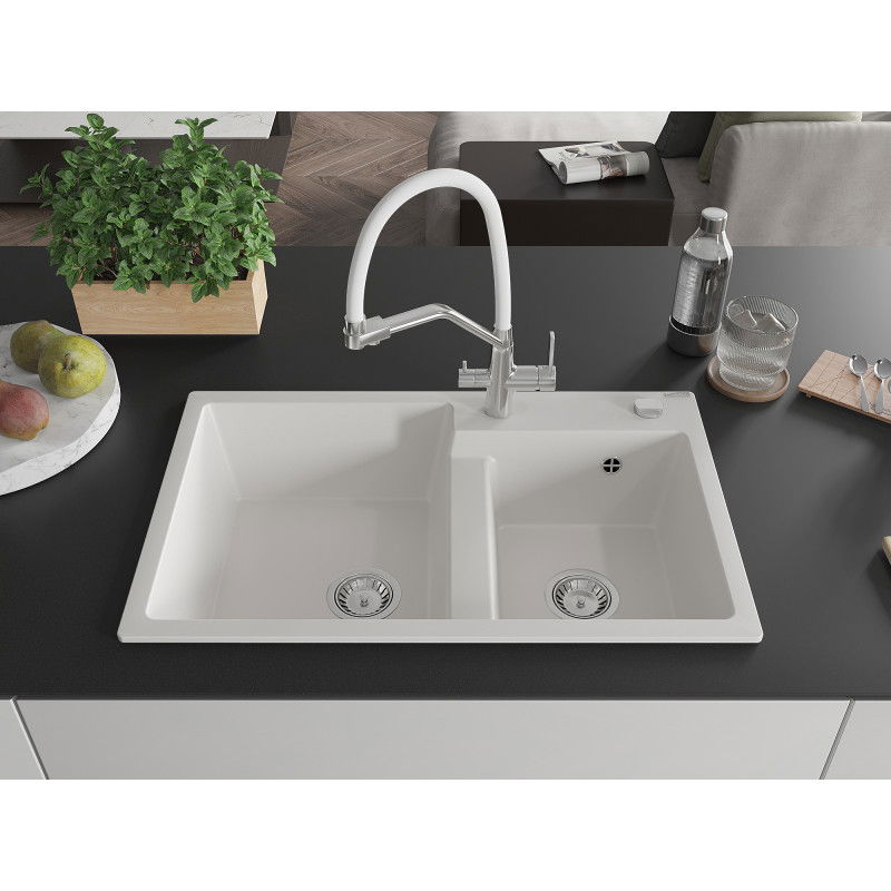 Mexen Tomas granite sink with 2 bowls and kitchen tap Duo, white - 6516-20-671701-02