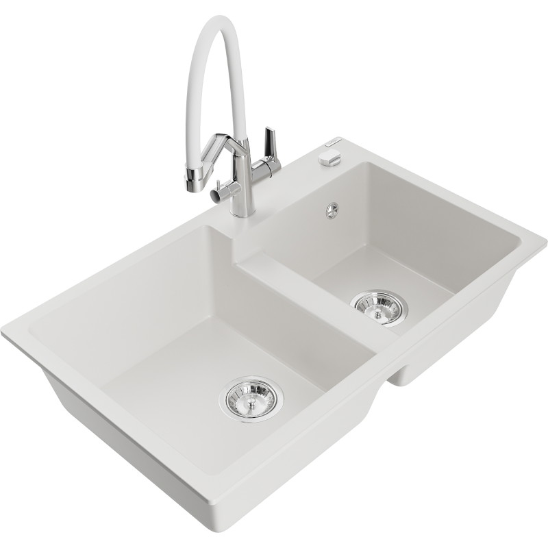 Mexen Tomas 2-chamber granite sink with kitchen faucet Duo, white - 6516-20-671701-02