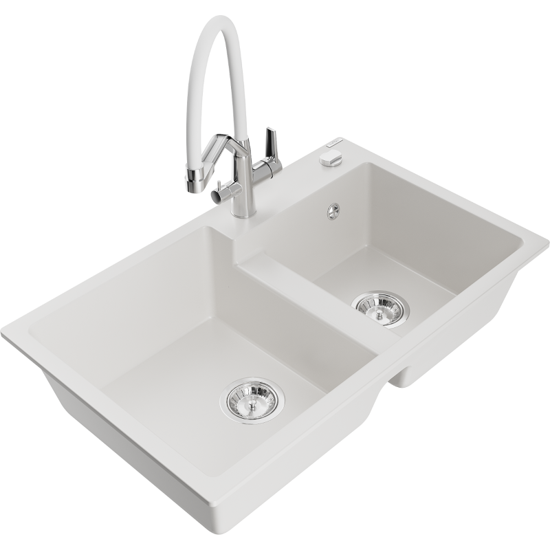 Mexen Tomas 2-compartment granite sink with a kitchen mixer tap Duo, white - 6516-20-671701-02