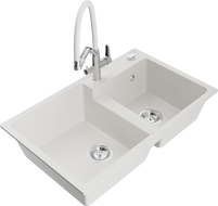 Mexen Tomas 2-compartment granite sink with a kitchen mixer tap Duo, white - 6516-20-671701-02