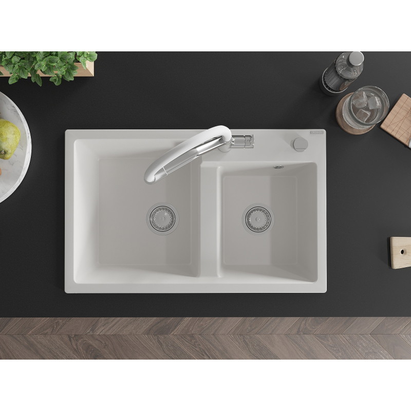 Mexen Tomas granite double-bowl sink with Duo kitchen faucet, white - 6516-20-671701-02